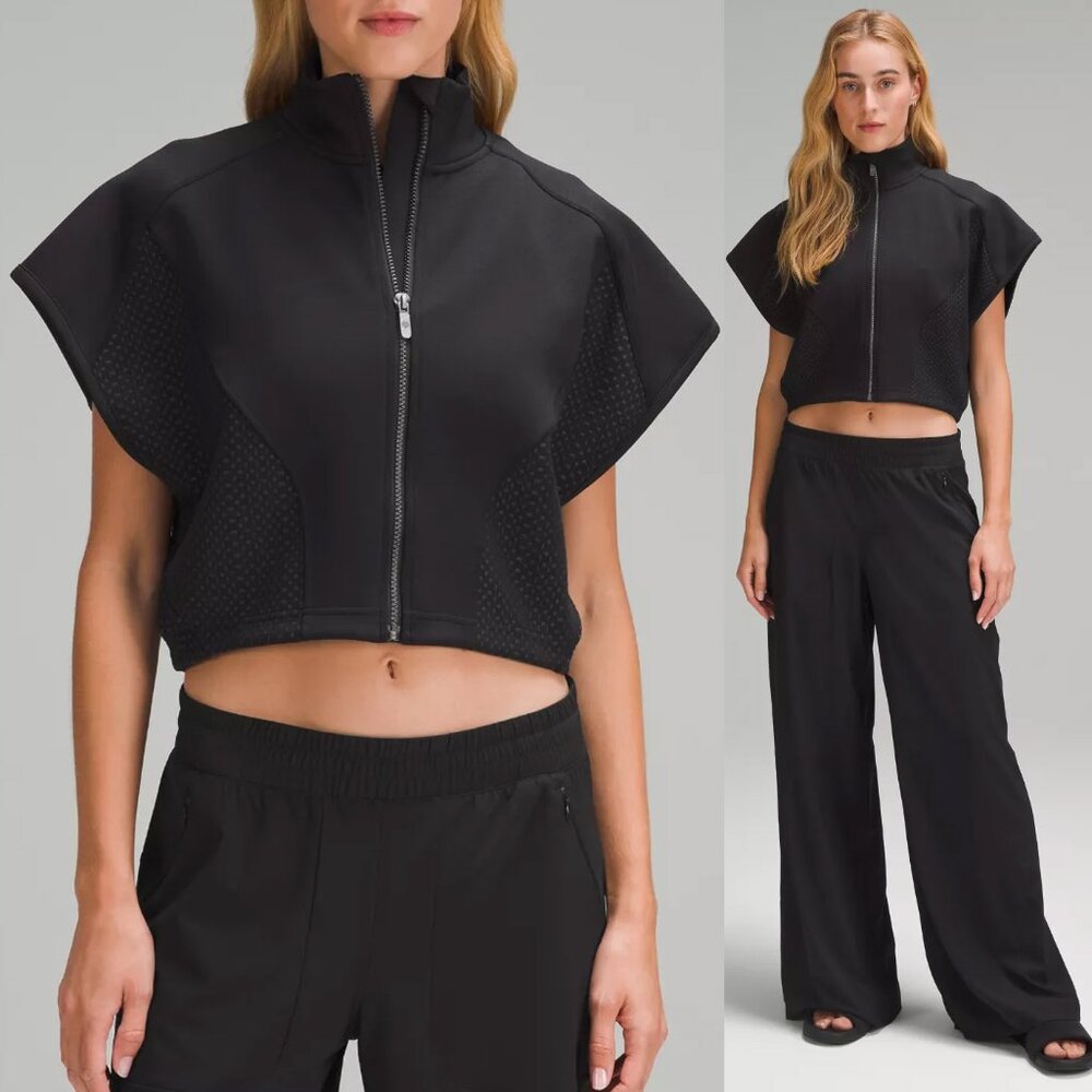 lululemon athletica Black Cropped Zip-Up Cap Sleeve Top